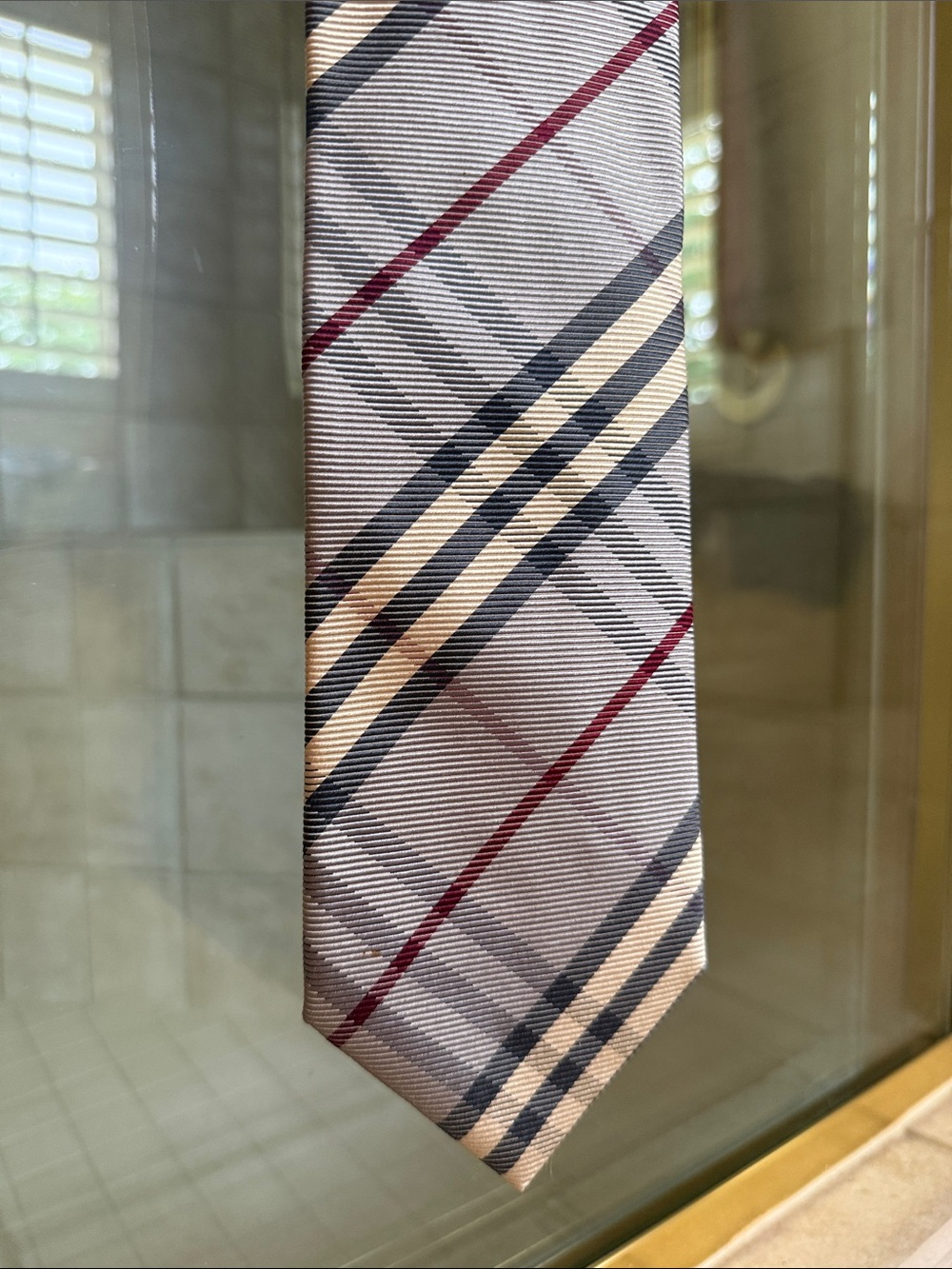 Burberry Silver Plaid Tie with Navy and Burgundy Stripes